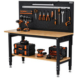 Garvee Adjustable Height Heavy-Duty Workbench, 60 x 22 in Work Table w/ Pegboard - Wood Top & Steel Frame - Storage Shelf & Built-In Power Strip - Color: Black