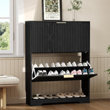 Garvee 30-Inch Slim Shoe Storage Cabinet, Modern Fluted Engineered Wood Organizer with 2 Flip Drawers, Adjustable Shelves, Open Bottom Shelf, Ventilated Back and Anti-Tip Kit for Entryway, Hallway, Foyer and Apartment, Black - Black