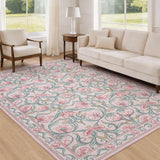 Garvee Pink Washable Floral Area Rug - Soft, Non-Slip, Low-Pile Pearl Velvet Carpet, Mark Resistant, for Bedroom, Living Room, Dining Room - 6x9ft (183x274cm), USA - Black