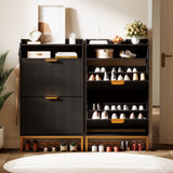 Garvee Modern Fluted Shoe Storage Cabinet for Entryway, Slim Freestanding Shoe Organizer - 2 Turnover-Down Drawers, Open Shelf, Metal Legs & Gold Handles - Black - Black