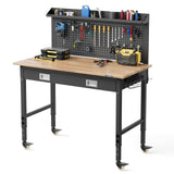 Garvee 48 x 24 in Adjustable Height Heavy-Duty Workbench with Solid Rubberwood Top - Steel Frame, 2000 lb Capacity, Drawer Storage, Power Strip with USB, Swivel Casters, Leveling Feet - Color: Rubberwood