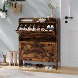 Garvee Slim Shoe Storage Cabinet – 2 Turn Drawers, Adjustable Dual-Tier Panels, Metal Legs, Rustic Barn-Door, Space-Saving Entryway Shoe Rack, Large Capacity, Industrial Style - Brown