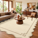 Garvee 9' × 12' Geometric Scalloped Area Rug, Machine Washable Non-Slip Low-Pile Rug for Living Room, Bedroom & Dining Room, Linen Beige