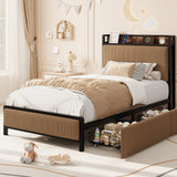 Garvee Metal Platform Bed Frame with 2 Storage Drawers & Charging Station, Upholstered Headboard, No Box Spring Needed - Twin XL - Black Tube/Brown