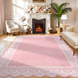 Garvee 9' x 12' Pink Washable Area Rug with Scalloped Lace Border, Soft Low-Pile Non-Slip Rug for Living Room, Bedroom & Dining Room