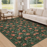 Garvee Washable Dark Green Floral Area Rug - Soft, Non-Slip, Low-Pile Pearl Velvet Carpet, Mark Resistant, for Living Room, Bedroom, Dining Room - 6x9ft (183x274cm), USA - Green