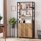 Garvee Industrial Bookshelf with Doors - 71'' Tall, 3-Tier Open Shelves, Adjustable Shelf, Protective Rails, Metal Frame, Anti-Tipping Kit, Living Room/Office, Earthy Warm Brown + Black Baked Paint - Brown