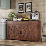 Garvee Modern 55" Walnut Sideboard Buffet Cabinet – 4 Doors, 3 Drawers, Adjustable Shelves – Large Storage Credenza for Kitchen, Dining, Living Room, Coffee Bar – Walnut D25172