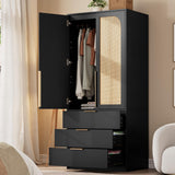 Garvee Black Wooden Wardrobe Closet – Modern Freestanding Armoire with 2 Rattan Doors, 3 Drawers, Hanging Rod & Shelf – Large Capacity Bedroom Clothes Organizer – Home Storage Cabinet – Black AB Box - Black Ab Box