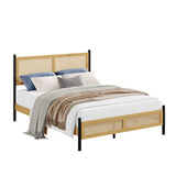 Garvee Boho Rattan Platform Bed Frame with Hand-Woven Wicker Headboard, Wood Slat Support, Underbed Storage, No Box Spring Needed, Quiet & Easy Assembly - Natural Wood, Queen - Oak