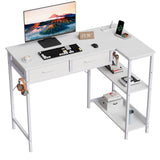 Garvee L Shaped Office Desk with Power Outlet – 2 Drawers, Storage Shelves, Headphone Hook – Space-Saving Computer Table for Home Office or Study – White