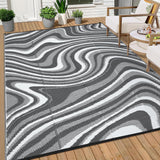 Garvee Porch Rugs Outdoor Waterproof 8x10 Outdoor Camping Rug, Neutral Striped Plastic Straw Rugs with Rubber Particles Backing, Reversible Outside Rug for Picnic Backyard Deck, Black Grey - Black/Gray/White