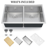 Garvee Quality 36x19" Undermount Double Bowl Kitchen Basin – 16 Gauge 304 Stainless Steel, 10" Deep Basins, Flat Bottom, Bottom Grid & Drain, Ideal for Renovation, Commercial Grade – Color: double SS sinkes - Double Ss Sinkes