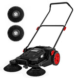 Garvee Heavy Duty Manual Push Floor Sweeper – 26-Inch Walk-Behind Outdoor Cart, Dual Side Brushes, 5-Gallon Powder Container, Folding Adjustable Handle – Driveway, Patio, Warehouse – Black + Red (Hub and Knob) - Black + Red
