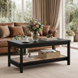 Garvee 2-Tier Rectangular Coffee Table, Boho Center Table with Rattan Storage Shelf, Easy Assembly, 39.4" l
