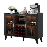 Garvee LED-Lit Wine Bar Cabinet Sideboard, 47" Freestanding Coffee/Liquor Buffet - Wine Rack, Glass Holders & Storage for Dining/Living Room - Color: Black