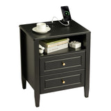 Garvee Nightstand with Charging Station & Storage, Modern Bedside Table with 2 Drawers, Gold Knobs, Tapered Legs, Black Wood, Waterproof, Bedroom & Living Room