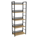Garvee 5-Tier Industrial Bookshelf – Tall Narrow Metal & Wood Bookcase – Guard Panels & Freestanding Storage Display for Books, CDs, Plants – Bedroom, Living Room, Home Office – Matte black + natural wood - Matte Black + Natural Wood