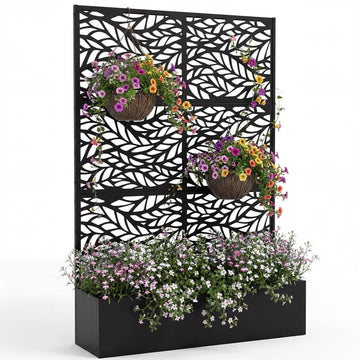 Black metal raised garden bed with trellis and Wave Leaf privacy screen, 44 x 16 x 71 in