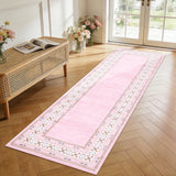 Garvee Pink Washable Bordered Runner Rug 2' × 6', Non Slip Low Pile Stain Resistant Rug for Kitchen, Hallway, Entryway, Laundry Room