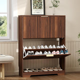 Garvee 30-Inch Slim Shoe Storage Cabinet, Modern Fluted Engineered Wood Organizer with 2 Flip Drawers, Adjustable Shelves, Open Bottom Shelf, Ventilated Back and Anti-Tip Kit for Entryway, Hallway, Foyer and Apartment, Walnut - Walnut