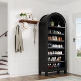 Garvee Space-Saving Tall Shoe Cabinet – 70" Arched Wooden Shoe Storage Organizer, 7 Adjustable Tiers, Freestanding Slim Rack for Entryway, Hallway, Living Room, Holds 20-32 Pairs – Anti-Tip, Large Black
