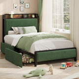 Garvee Metal Platform Bed Frame with 2 Storage Drawers & Charging Station, Upholstered Headboard, No Box Spring Needed - Twin - Black Tube/Dark Green