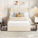 Garvee Upholstered Storage Platform Bed Frame with 4 Drawers – Adjustable Vertical Tufted Cotton Headboard – Sturdy Wooden Slats – Easy Assembly – Noise-Free – Queen Size, White