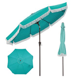 Garvee 9FT Fringe Patio Umbrella with Crank Handle, Push Button Tilt for Sun Shade, 8 Fiberglass Ribs, 1.5"d Premium Steel Pole, Outdoor Large Tassel Umbrella for Patio Beach Pool Backyard, Lake Blue