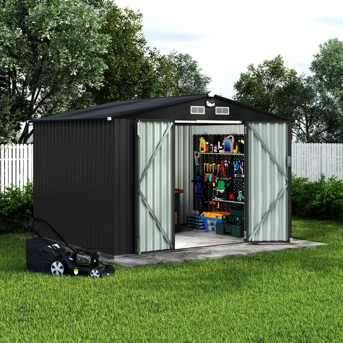 Garvee 8X10 FT Metal Outdoor Storage Shed Kit With Lockable Door And Air Vent For Backyard Garden Patio Lawn, Sloped Roof, Black
