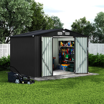 Garvee 8X10 FT Metal Outdoor Storage Shed Kit With Lockable Door And Air Vent For Backyard Garden Patio Lawn, Sloped Roof, Black