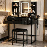 Garvee Modern Black Vanity Desk with Mirror – Adjustable 3-Color LED Lights, Power Outlet, 3 Drawers, 6 Shelves, Hair Dryer Holder, Stool, Makeup Table for Bedroom – Blackboard & Black Iron Frame