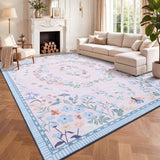 Garvee 8' × 10' Corner Floral Area Rug, Soft Washable Low-Pile Polyester Carpet for Living Room, Bedroom and Dining Room, Pink
