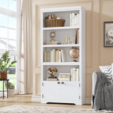 Garvee Farmhouse 5-Tier Bookshelf with 2 Doors - 69'' Tall Adjustable Bookcase Cabinet - Anti-Slip & Anti-Tip Shelves for Home Office, Study, Living Room - Warm White Embossed Finish, Black Handles, W800