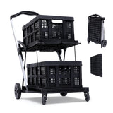 Garvee 2-Tier Folding Office Utility Cart – Heavy Duty Collapsible Trolley with Storage Crates – Large Capacity, Multi-Purpose Rolling Cart – Black, 2 Cargo Boxes