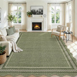 Garvee 9' × 12' Modern Bordered Area Rug, Washable Polyester Carpet with Non-Slip Backing for Living Room, Bedroom and Dining Room, Green