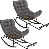 Garvee 2PCS Papasan Rocking Chair with Footrest, Oversized Lounge Rocker with Thick Removable Cushion & Sturdy Metal Frame, PE Rattan Patio Chair for Outdoor & Indoor Use, Porch, Garden, Living Room,Gray