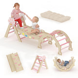 Garvee 7-in-1 Collapsible Educational Climbing frame Triangle Set, Wooden Indoor Toddler Climbing Gym Jungle Playhouse - Reversible Slide/Ramp - Rocking Arch - Ladder - Cushion - Color: Colorful/Pink
