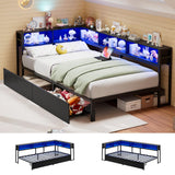 Garvee Twin Size Corner Bed Frame with 2 Storage Drawers, LED Lights and Charging Station, Daybed with Bookcase Headboard, Platform Bed for Kids, Teens and Guests, Black - Black