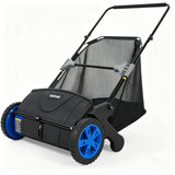 Garvee Manual Push Lawn Sweeper, 21-Inch Walk-Behind Leaf and Grass Collector, 2 Spinning Brushes, 10-Inch Rubber Wheels, Steel Frame, 3.5 Cu Ft Mesh Bag, Quiet Yard Cleanup for Lawns and Driveways, Gemstone Blue Wheel Hubs - Blue