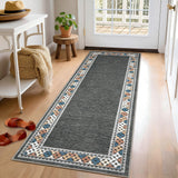 Garvee 2' × 6' Floral Border Runner Rug, Machine Washable Non-Slip Low-Pile Rug for Hallway, Kitchen & Entryway, Black/Gray