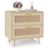 Garvee Rattan bedside table with Charging Station, 2-Drawer Boho Bedside Table - USB Ports & AC Outlet - Cane Wood End Table for Bedroom, Small Spaces - Oak
