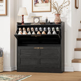 Garvee Slim Rattan Shoe Storage Cabinet with Doors - 3 Turnover Drawers, Adjustable Shelves, Hidden Shoe Organizer for Entryway Hallway Closet - Black Wood Grain - Vintage White