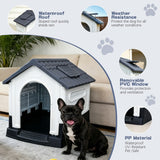 Garvee Weatherproof Outdoor Dog House, Small Gray PP Plastic Pet Shelter, Adjustable Roof Window, Air Vents, Elevated Floor, Sloped Waterproof Roof, Easy to Clean and Assemble, for Yard, Patio, Deck, Indoor and Outdoor Use - Gray