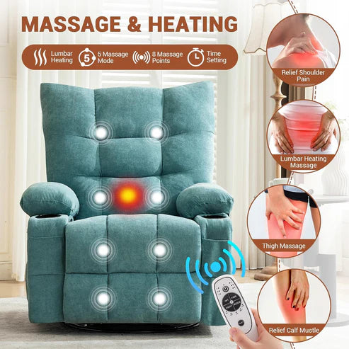 Garvee Swivel Recliner Chair with Massage & Heat for Elderly Adults, Ergonomic Lounge Single Sofa, Manual Recliner with Overstuffed Cushion, Side Pocket, Cup Holders for Living Room, Bedroom, Blue