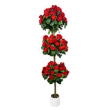 Garvee UV-Resistant Artificial Geranium Topiary Tree, 5ft Triple Ball Faux Silk Flower Plant - Realistic Foliage - White Decorative Pot - Indoor/Outdoor Home, Office, Patio Decor - Red - Red