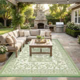 Garvee Waterproof Reversible Outdoor Rug 10x20ft - Botanical Vintage Cottagecore Carpet - UV Resistant, Collapsible, Lightweight - Appropriate for RV, Camping, Deck, Porch, Picnic, Beach, Backyard - Gray-Green/Ivory, USA - Green & White