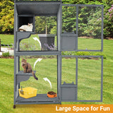 Garvee Spacious Wooden Cat Enclosure Catio – 69" Outdoor 4-Tier Playhouse with Waterproof Roof, Resting Boxes, Lockable Wheels – Multi-Cat Fence, Grey, USA
