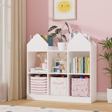 Garvee House-Shaped Kids Bookshelf and Toy Storage Organizer – Castle Design, 4 Book Racks, 6 Open Cubbies, Dollhouse Style, Floor Standing Cabinet for Playroom, Nursery, Bedroom, Daycare – White