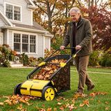 Garvee 26-Inch Push Lawn Sweeper – Heavy Duty Manual Leaf & Grass Collector, 10-Position Adjustable Height, Large Mesh Bag, Wheel-Driven Yard Cleanup Tool – Yellow - Black + Orange Ral 2004